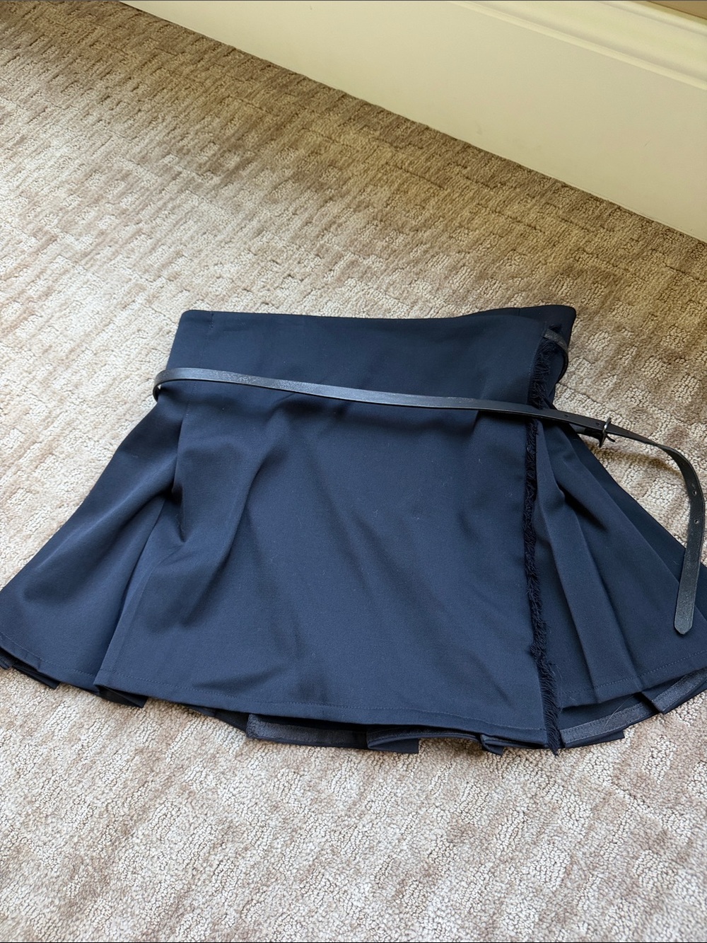 Navy Blue Burberry  Pleated Mini Skirt with Thin Waist Belt